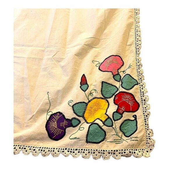 Tablecloth Morning Glory Flowers Floral Embroidered Square 62" Vintage Retro - Picture 1 of 8